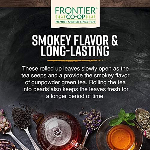 Frontier Co-op brewed cup showing smoky green tea color, highlights rich aroma