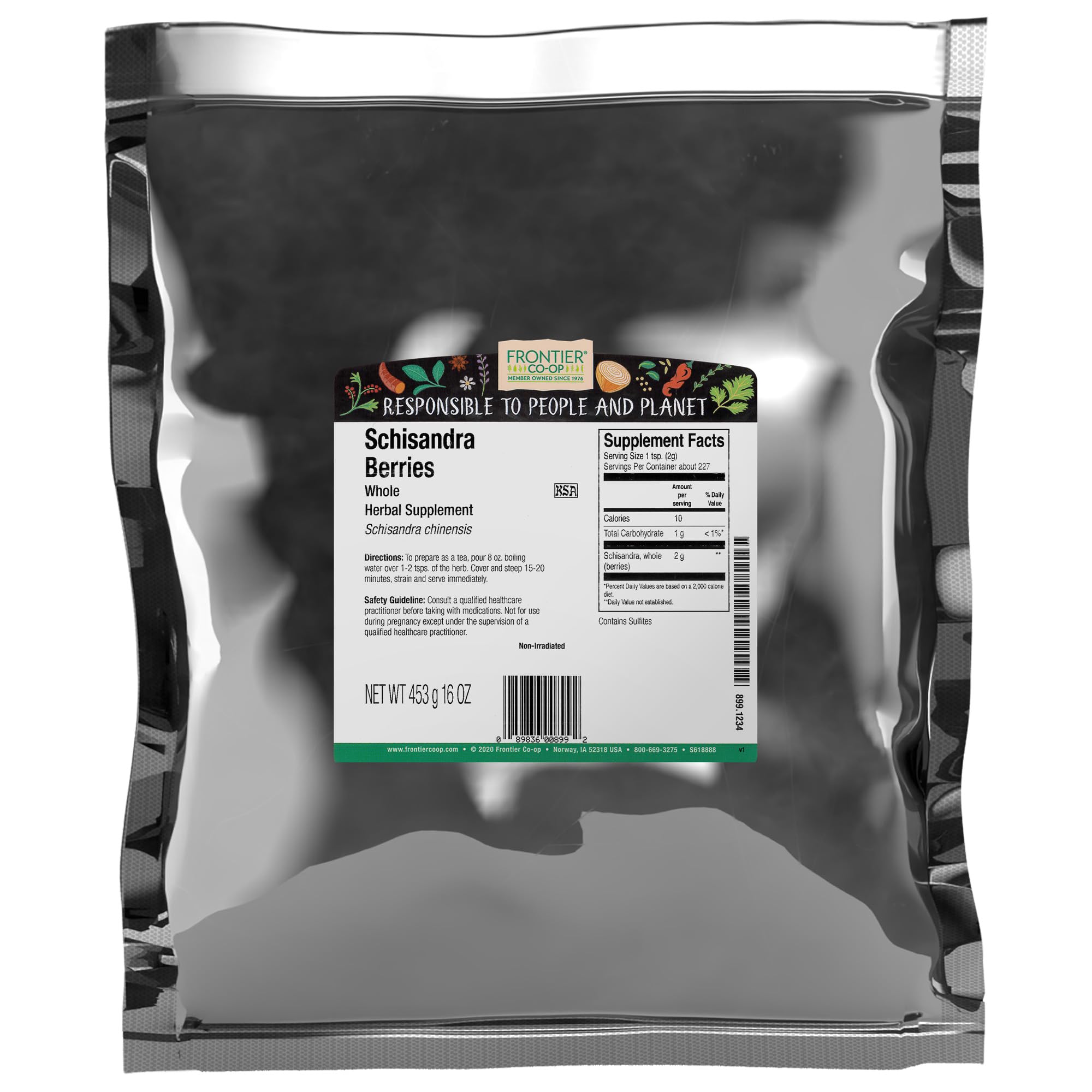 Frontier Co-op schisandra berries front packaging shows 1 lb bag and clear label for easy storage