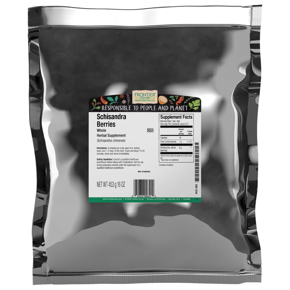 Frontier Co-op schisandra berries front packaging shows 1 lb bag and clear label for easy storage