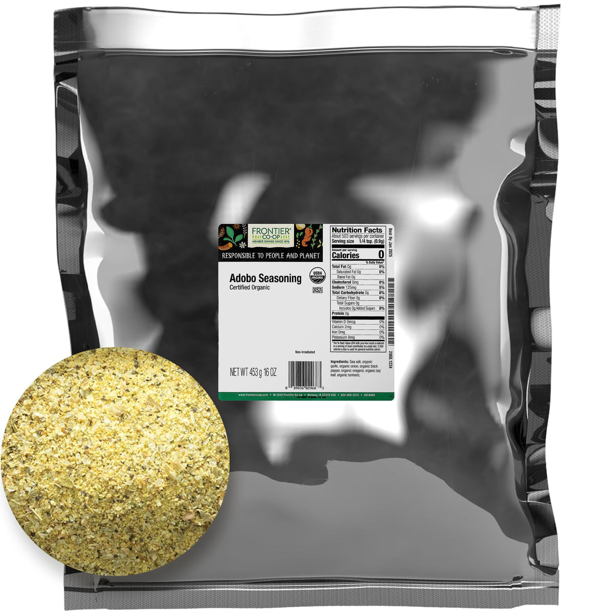 Frontier Co-op adobo front packaging showing brand and bulk bag benefit