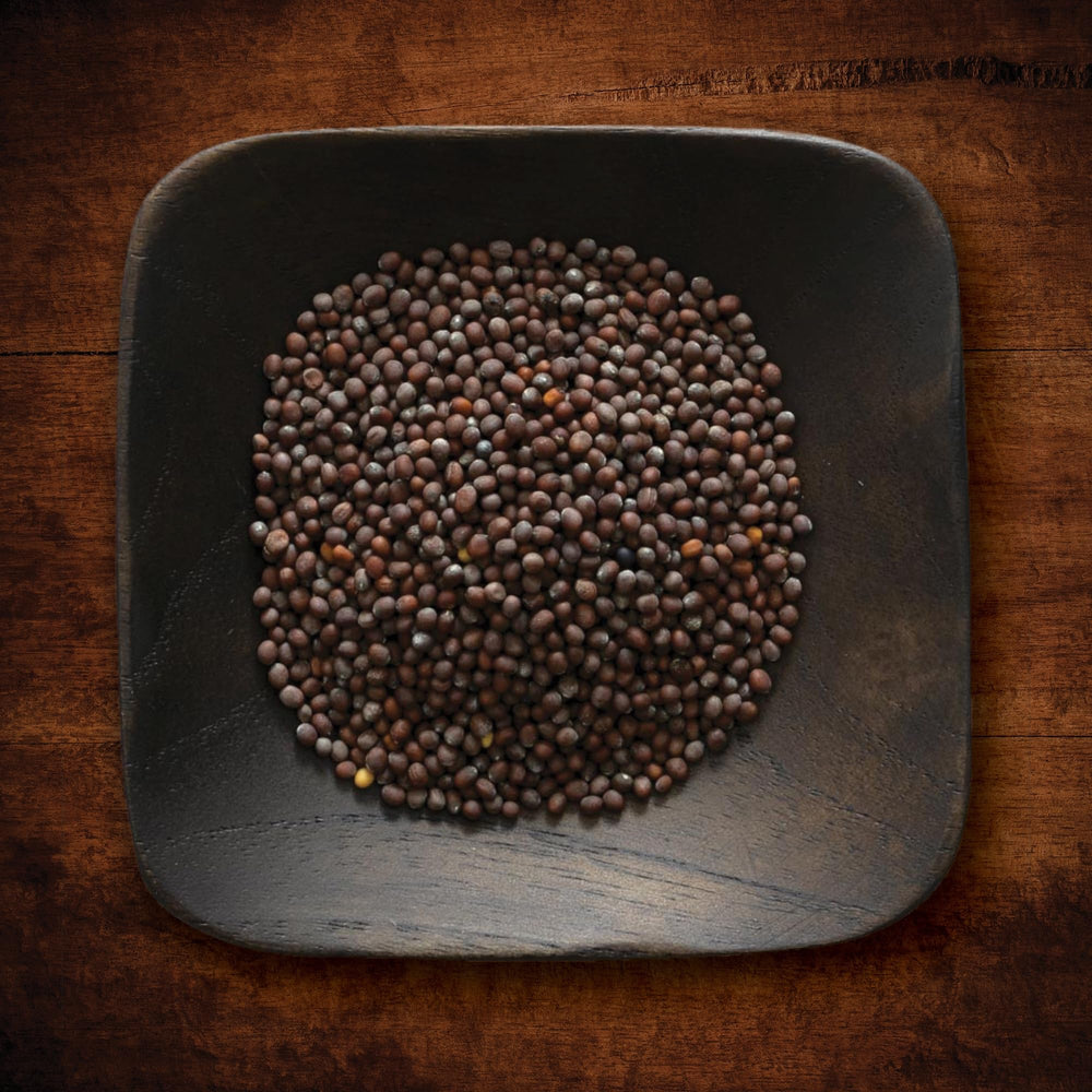 one-pound bag beside measuring cup to show scale of Frontier Co-op brown mustard seed quantity