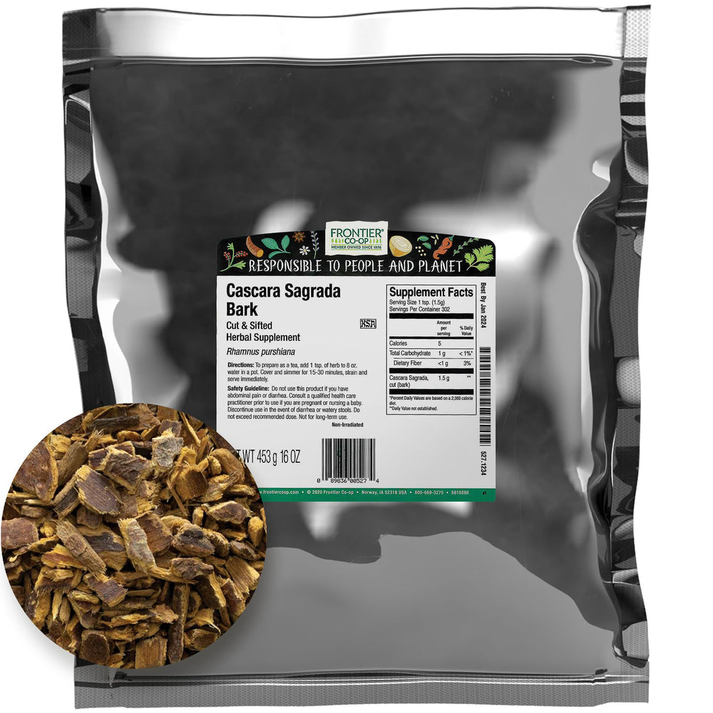 Frontier Co-op front packaging of 1 lb aged cascara sagrada bag showing product name and weight