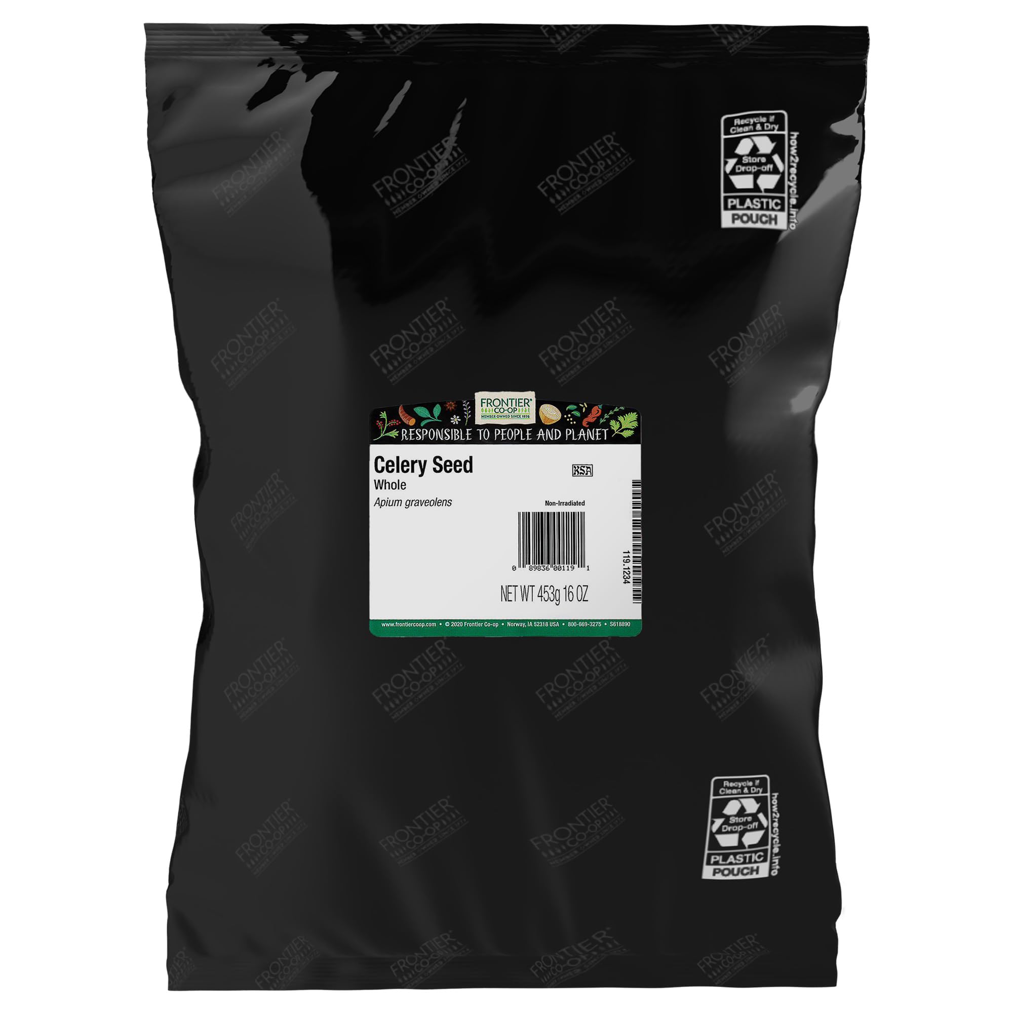 Frontier Co-op front packaging for 1 lb celery seed showing bulk value and kosher benefit