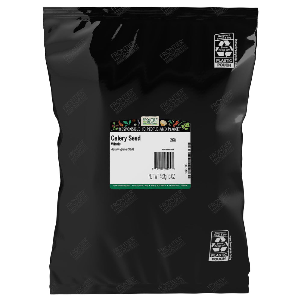 Frontier Co-op front packaging for 1 lb celery seed showing bulk value and kosher benefit