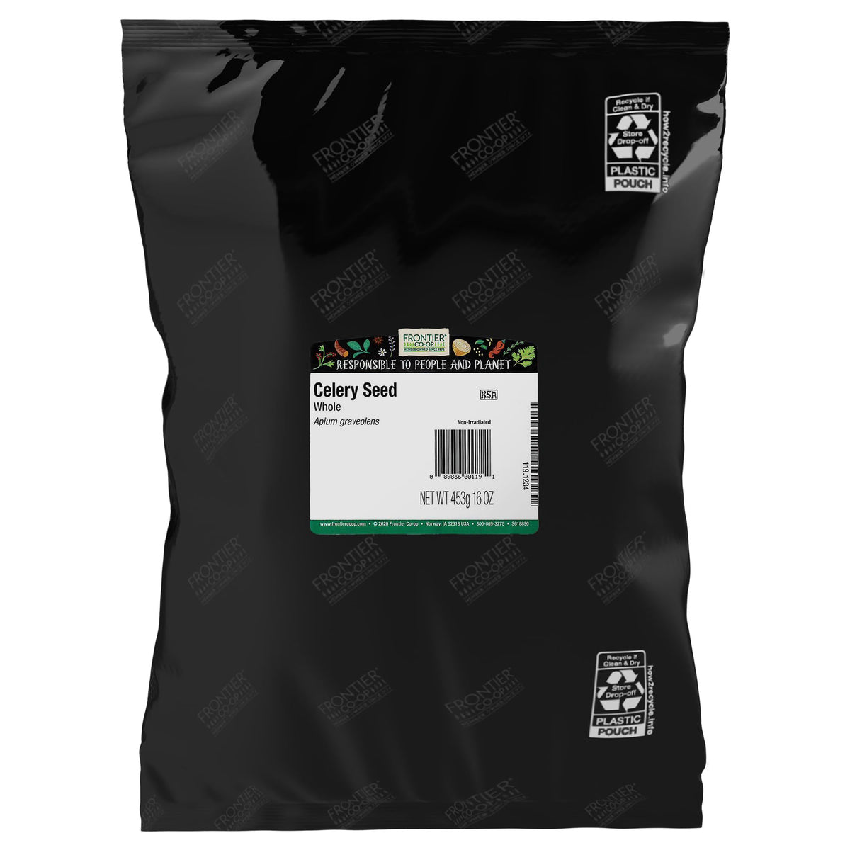 Frontier Co-op front packaging for 1 lb celery seed showing bulk value and kosher benefit