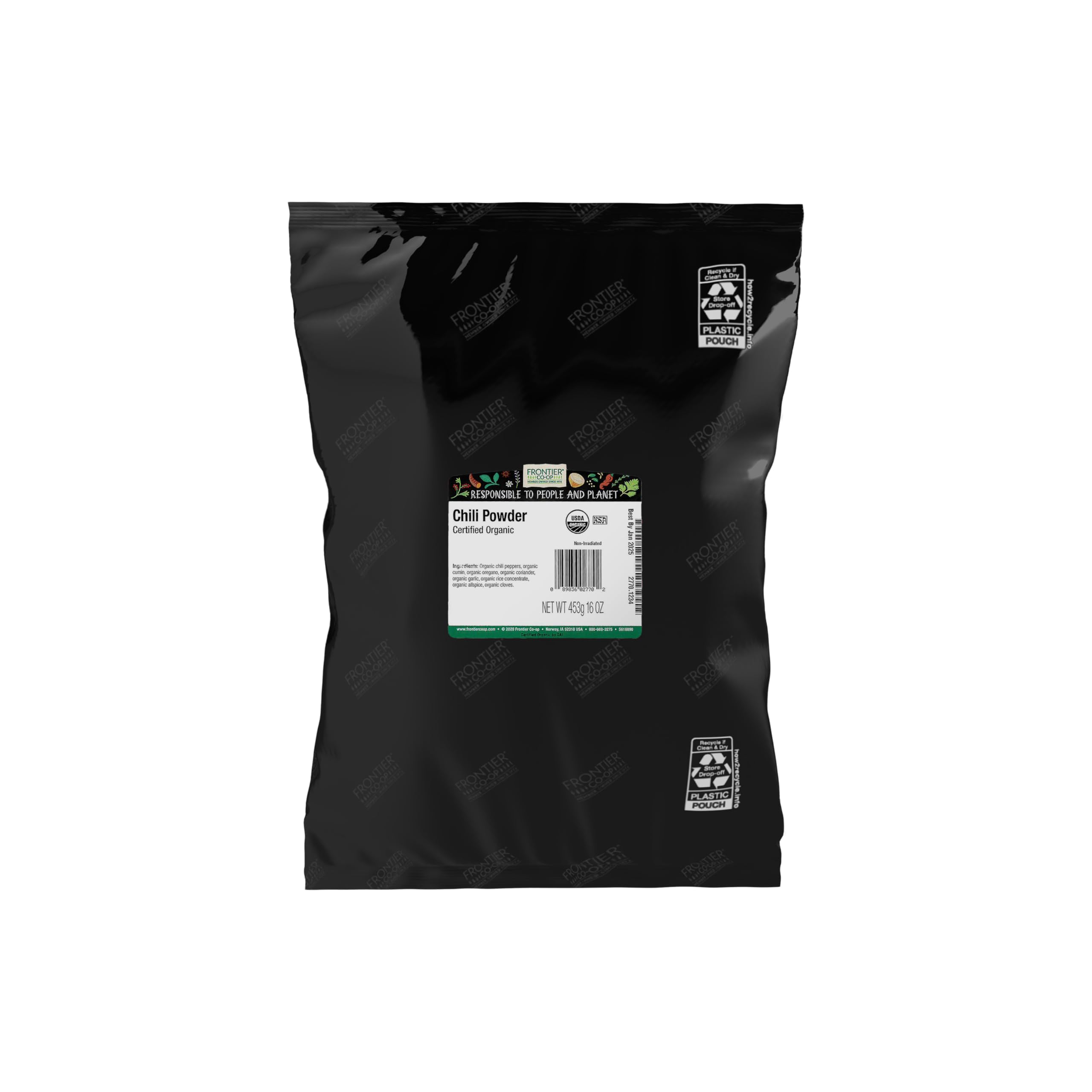 Frontier Co-op front packaging showing one-pound chili powder and eco branding