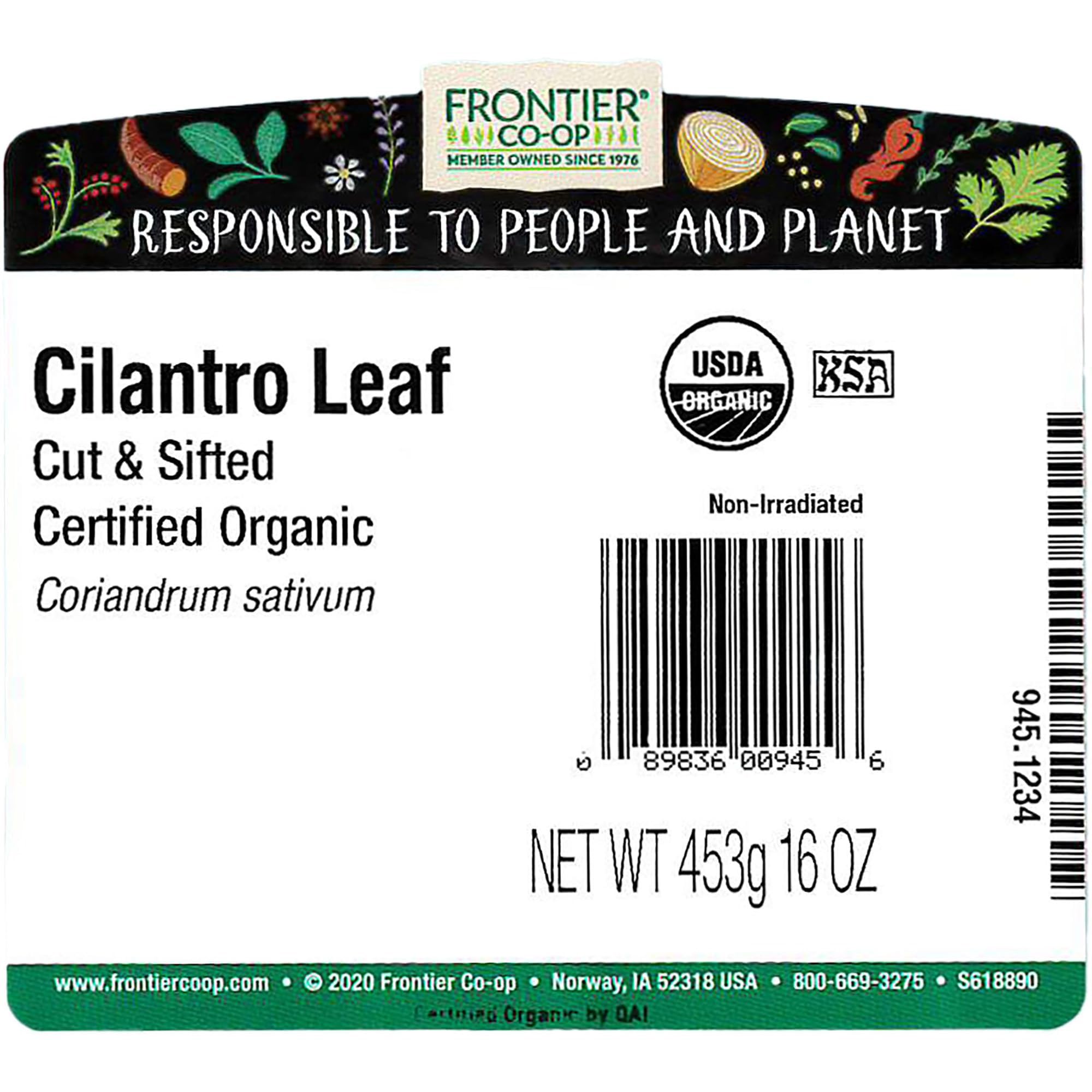 Open one-pound bag of Frontier Co-op cilantro with loose leaves, easy measuring benefit
