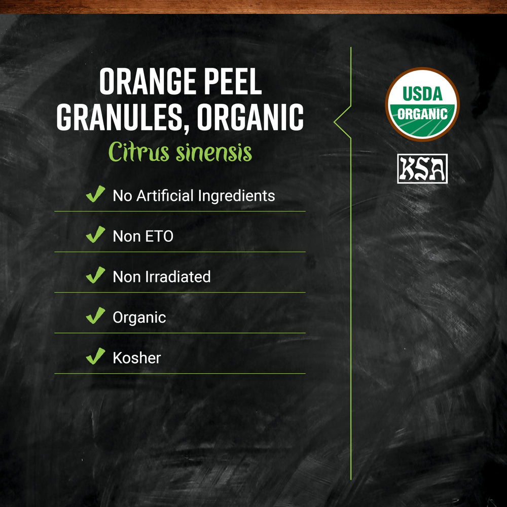 Frontier Co-op close-up of orange peel granules with visible oil, intense citrus aroma