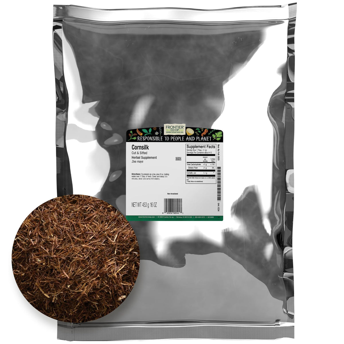 Frontier Co-op cornsilk front packaging showing 1 lb resealable bag and brand