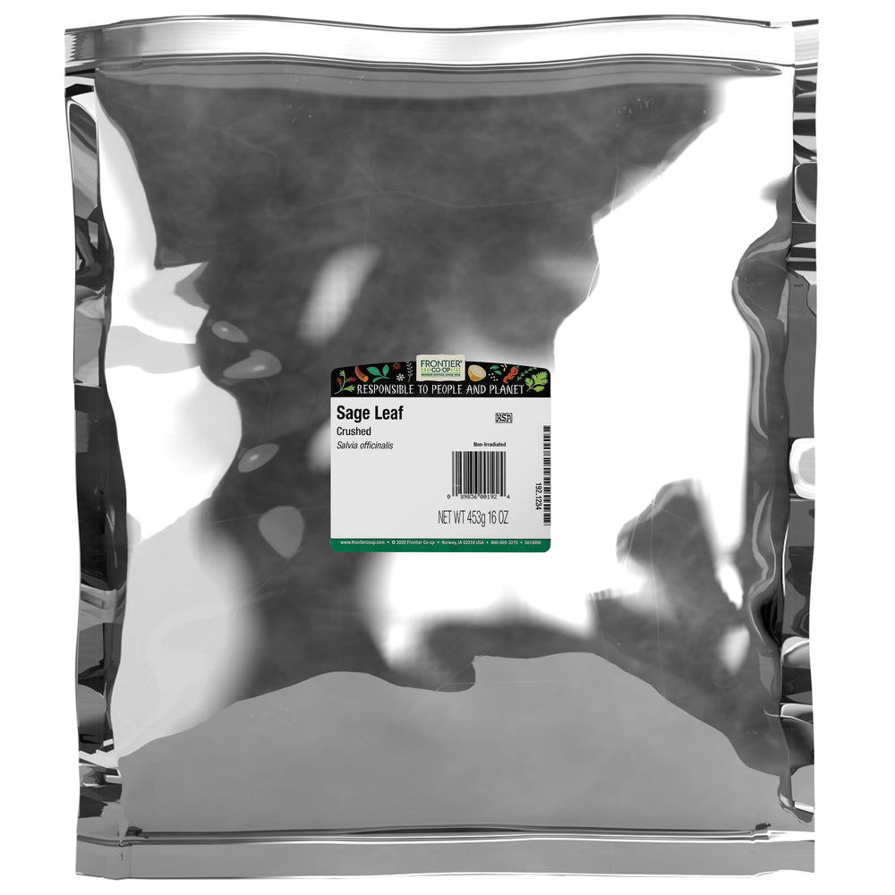 Frontier Co-op crushed sage front packaging showing bulk 1 lb bag and label benefit