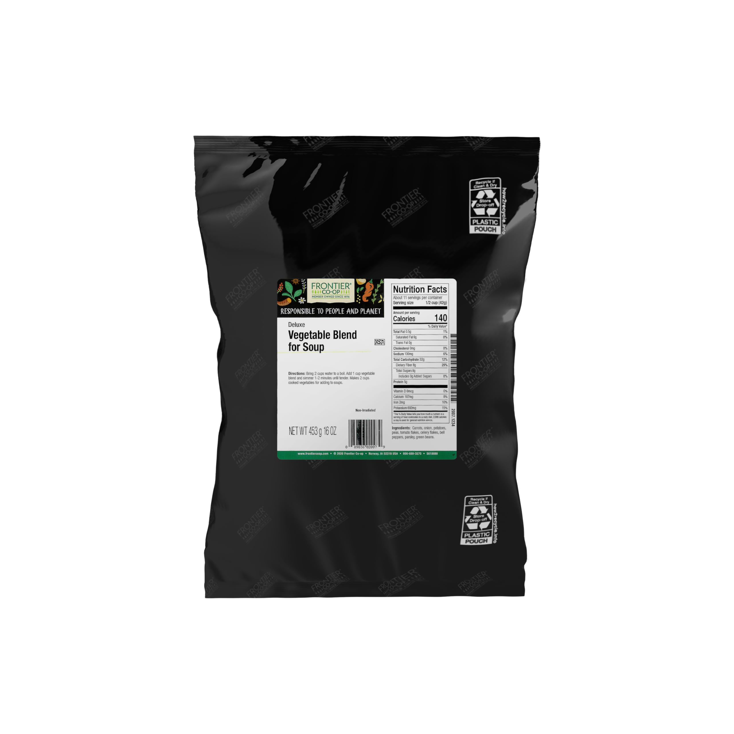 Frontier Co-op front packaging showing 1-pound vegetable soup blend convenience