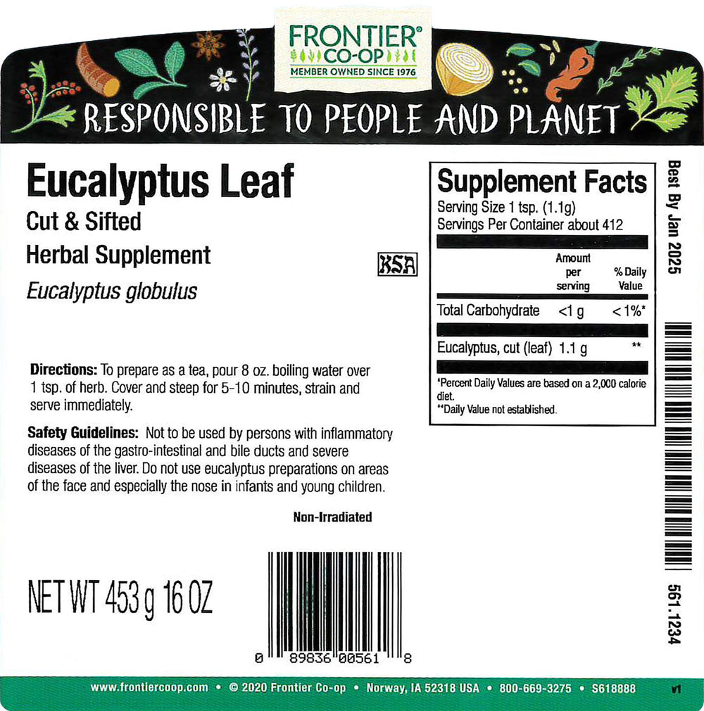 Frontier Co-op close-up of eucalyptus leaf texture highlighting cut-and-sifted quality