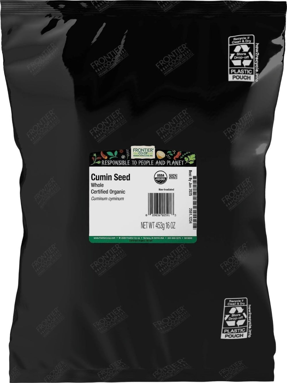 Frontier Co-op front packaging showing one-pound bulk and organic seal, ensures value