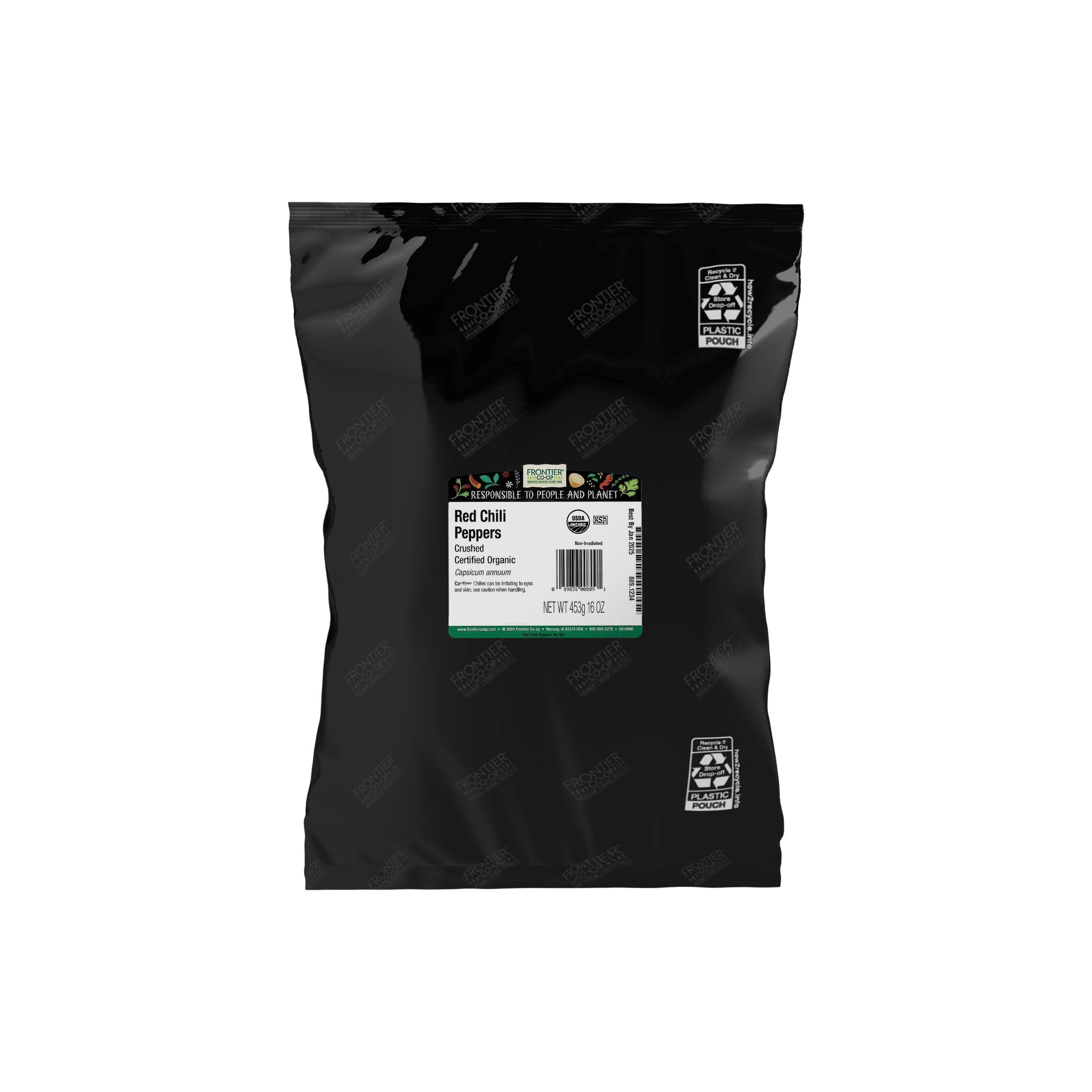 Frontier Co-op front packaging shows 16 oz kosher organic chili flakes benefit convenient bulk supply