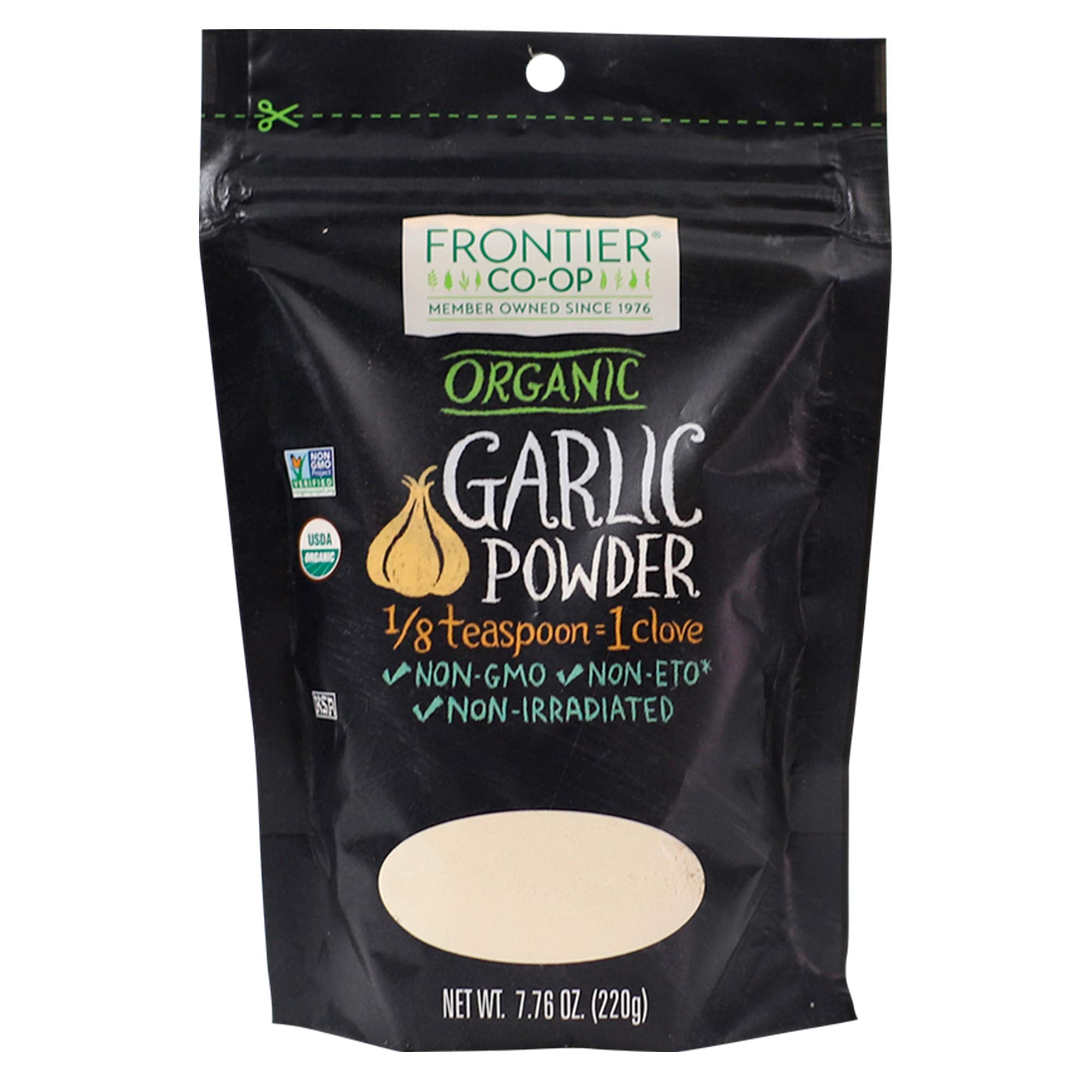 Frontier Co-op front packaging showing 7.76-ounce organic garlic powder, convenient pantry staple