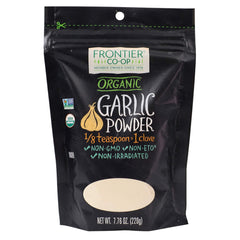 Frontier Co-op front packaging showing 7.76-ounce organic garlic powder, convenient pantry staple