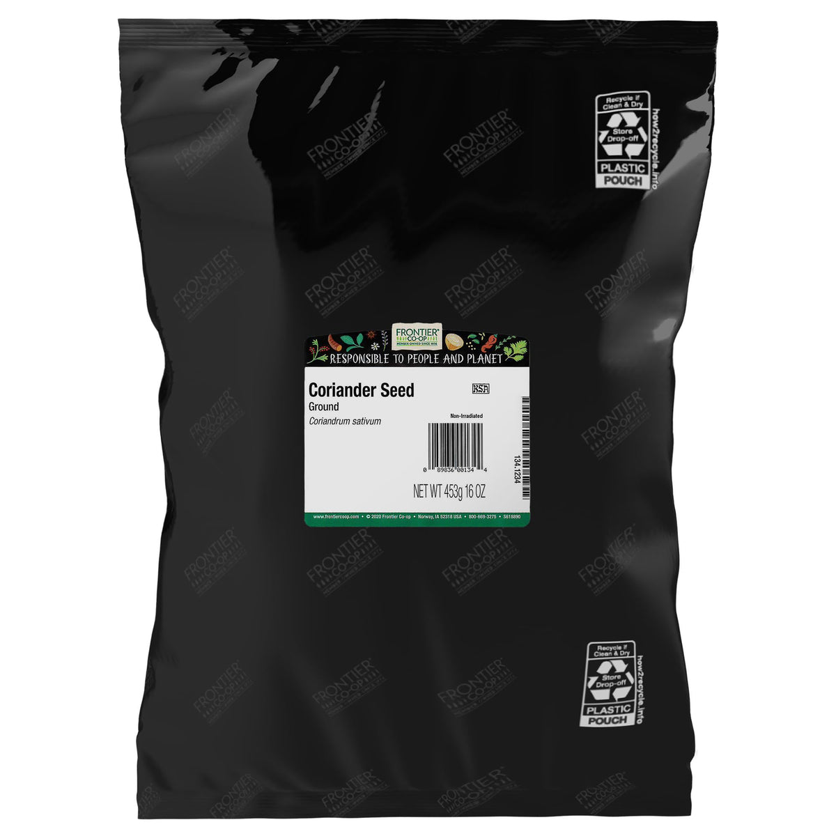Frontier Co-op ground coriander front packaging showing 1 lb bulk bag and label benefit