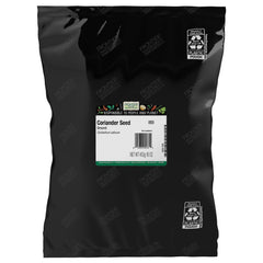 Frontier Co-op ground coriander front packaging showing 1 lb bulk bag and label benefit
