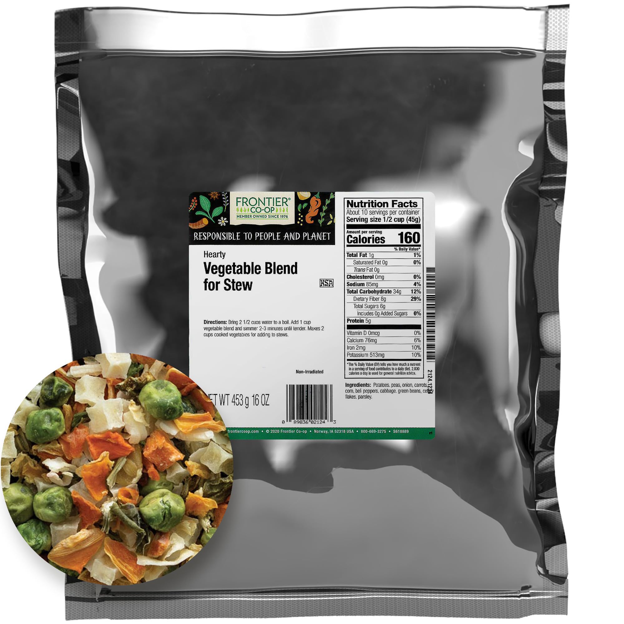 Frontier Co-op front packaging showing 1 lb vegetable blend and kosher badge for pantry convenience