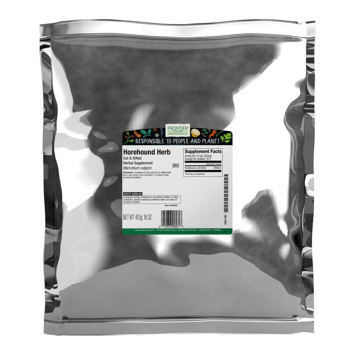 Frontier Co-op horehound front packaging showing 1 lb bag and clear label benefit: bulk supply
