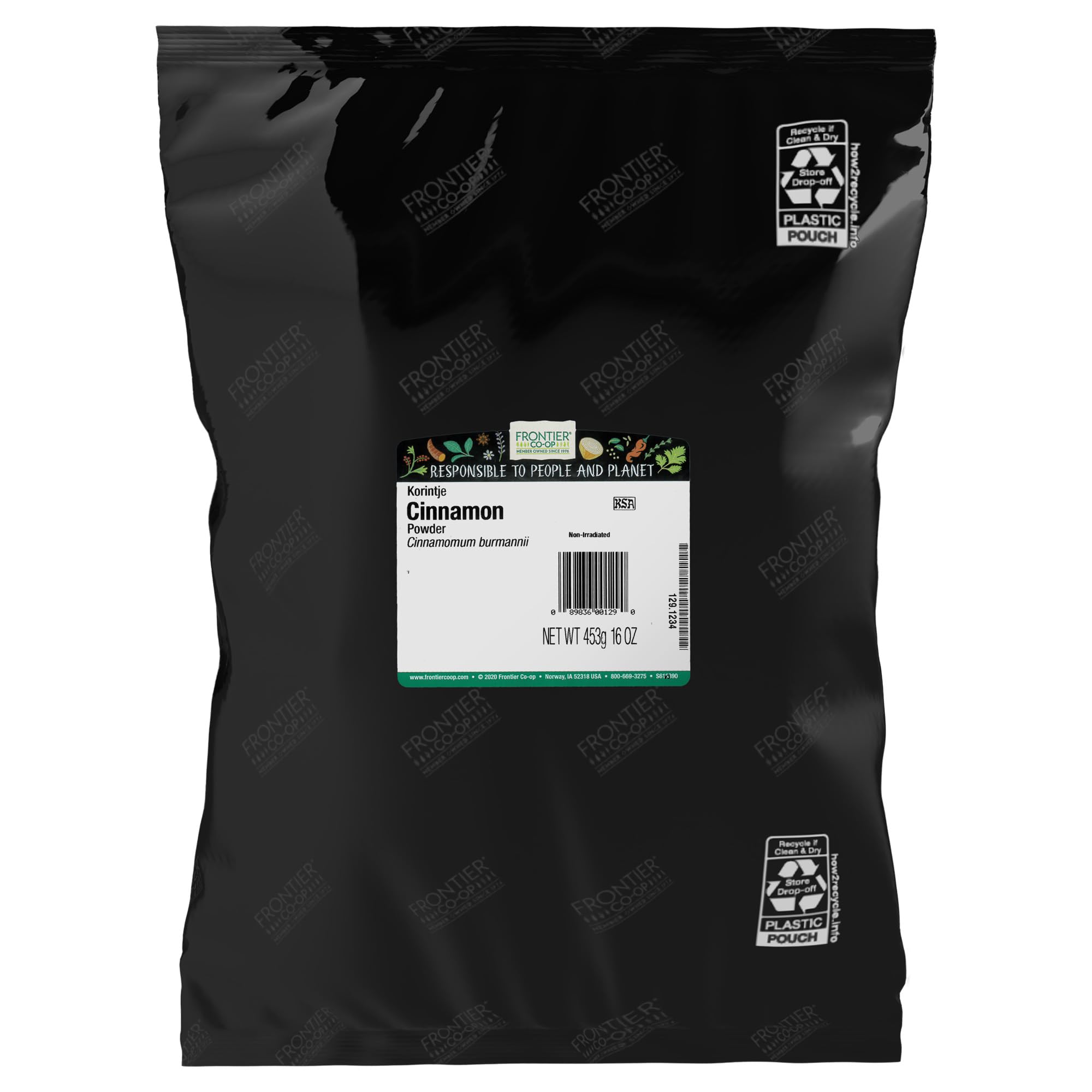 Frontier Co-op front packaging shows 1 lb cinnamon for pantry stocking