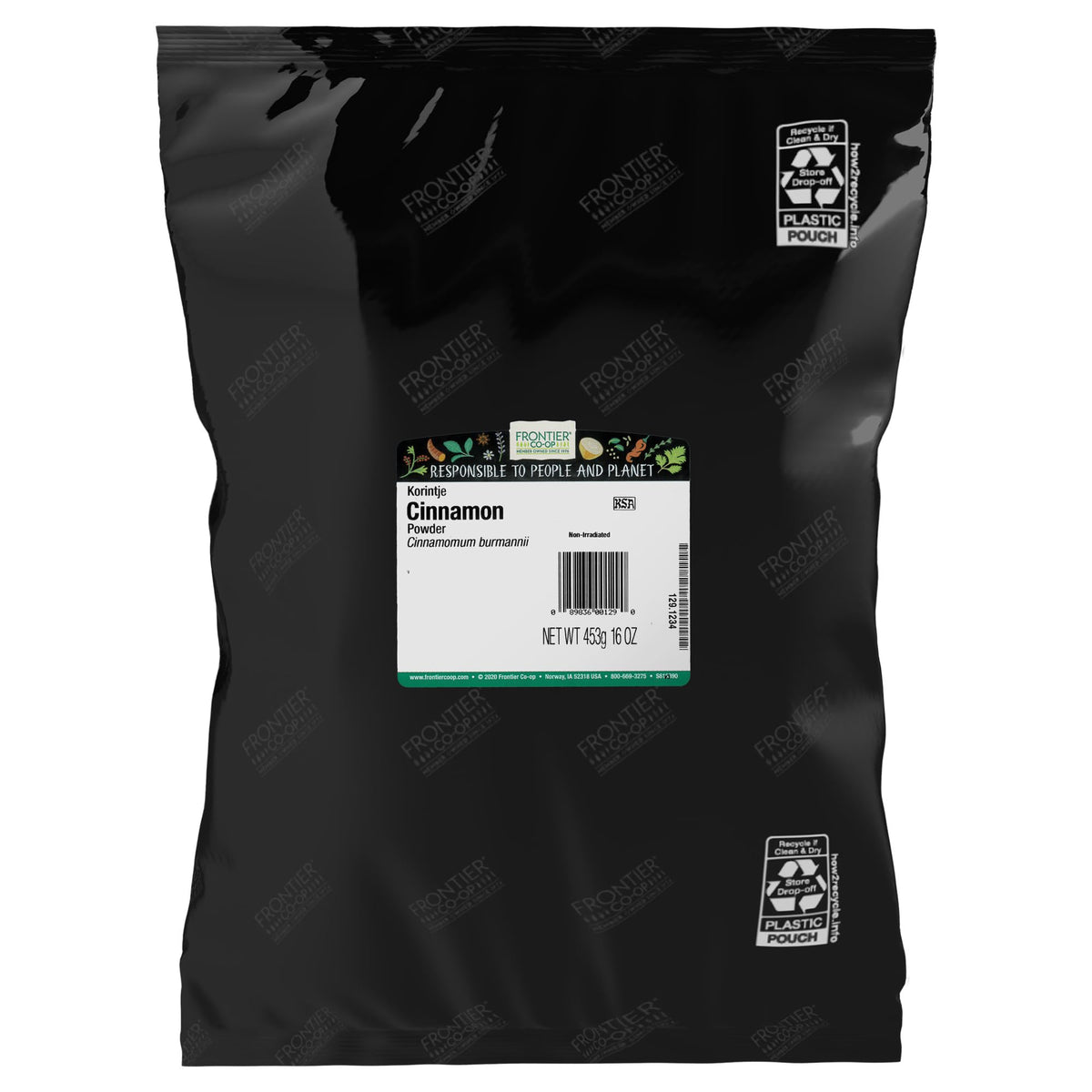 Frontier Co-op front packaging shows 1 lb cinnamon for pantry stocking