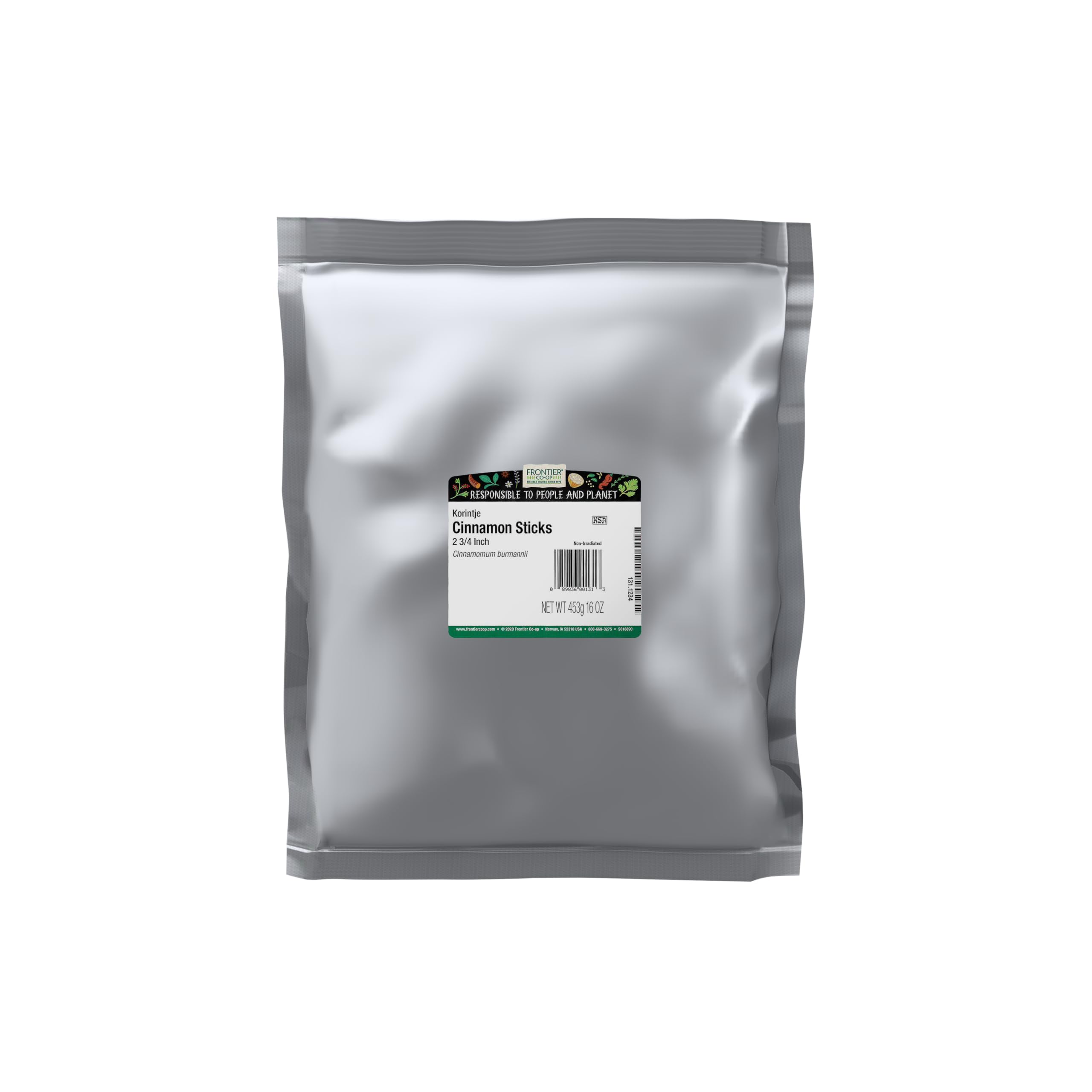 Frontier Co-op front view of 16 oz cinnamon sticks bag showing bulk quantity and brand