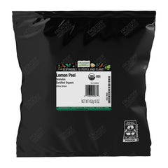Frontier Co-op front packaging of 1 lb lemon peel granules showing label and bulk bag benefit