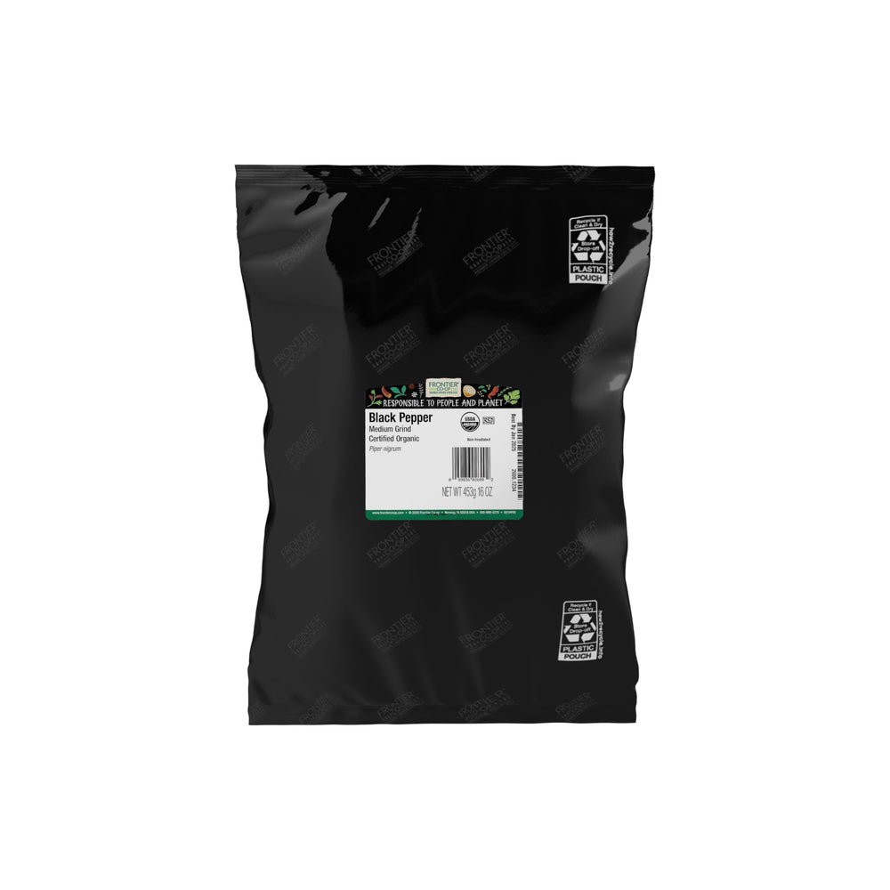 Frontier Co-op jar front view showing organic medium ground black pepper benefit of pantry-ready supply
