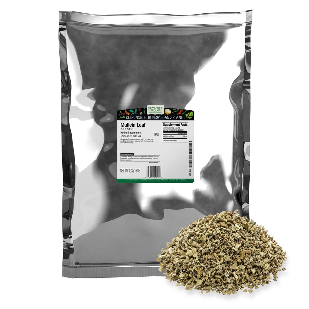 Frontier Co-op mullein leaf front packaging showing brand and 16 oz size benefits convenience