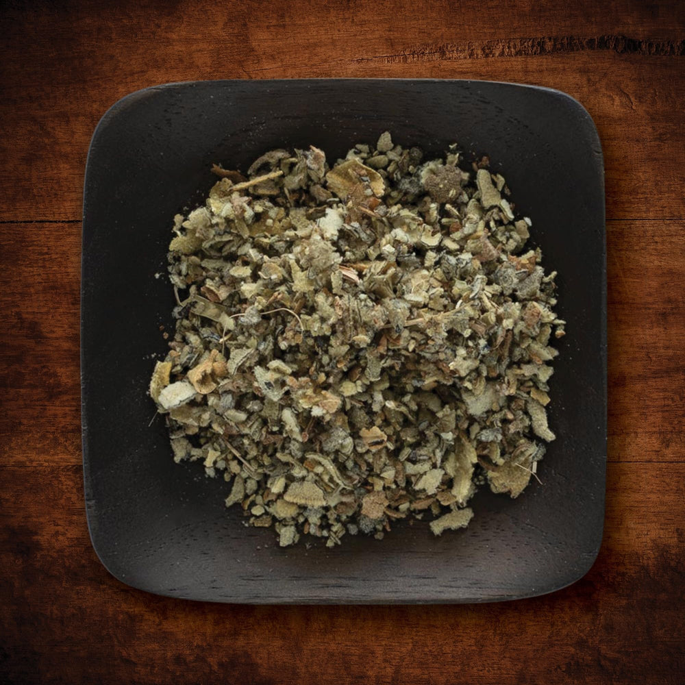 Measuring spoon and scale with Frontier Co-op mullein leaf indicating portion control