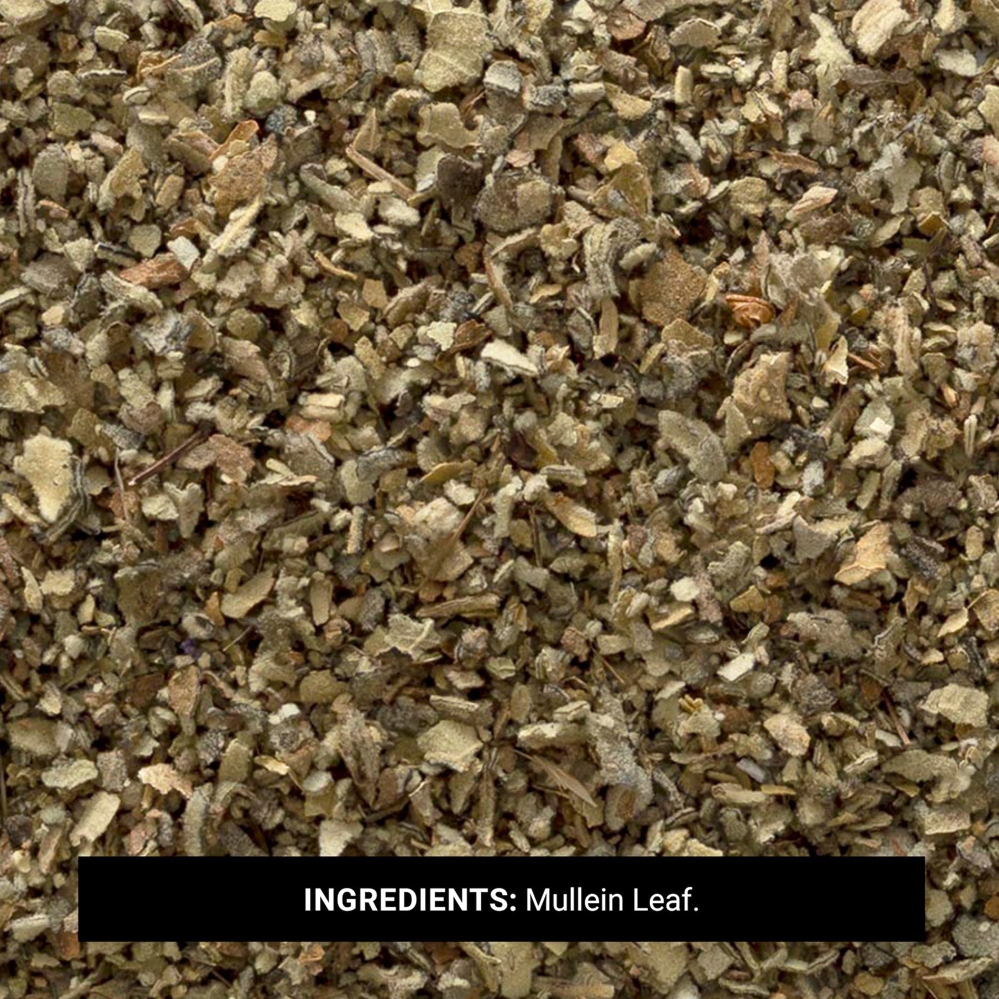 Cup of brewed mullein tea with Frontier Co-op leaves beside it illustrating easy steeping