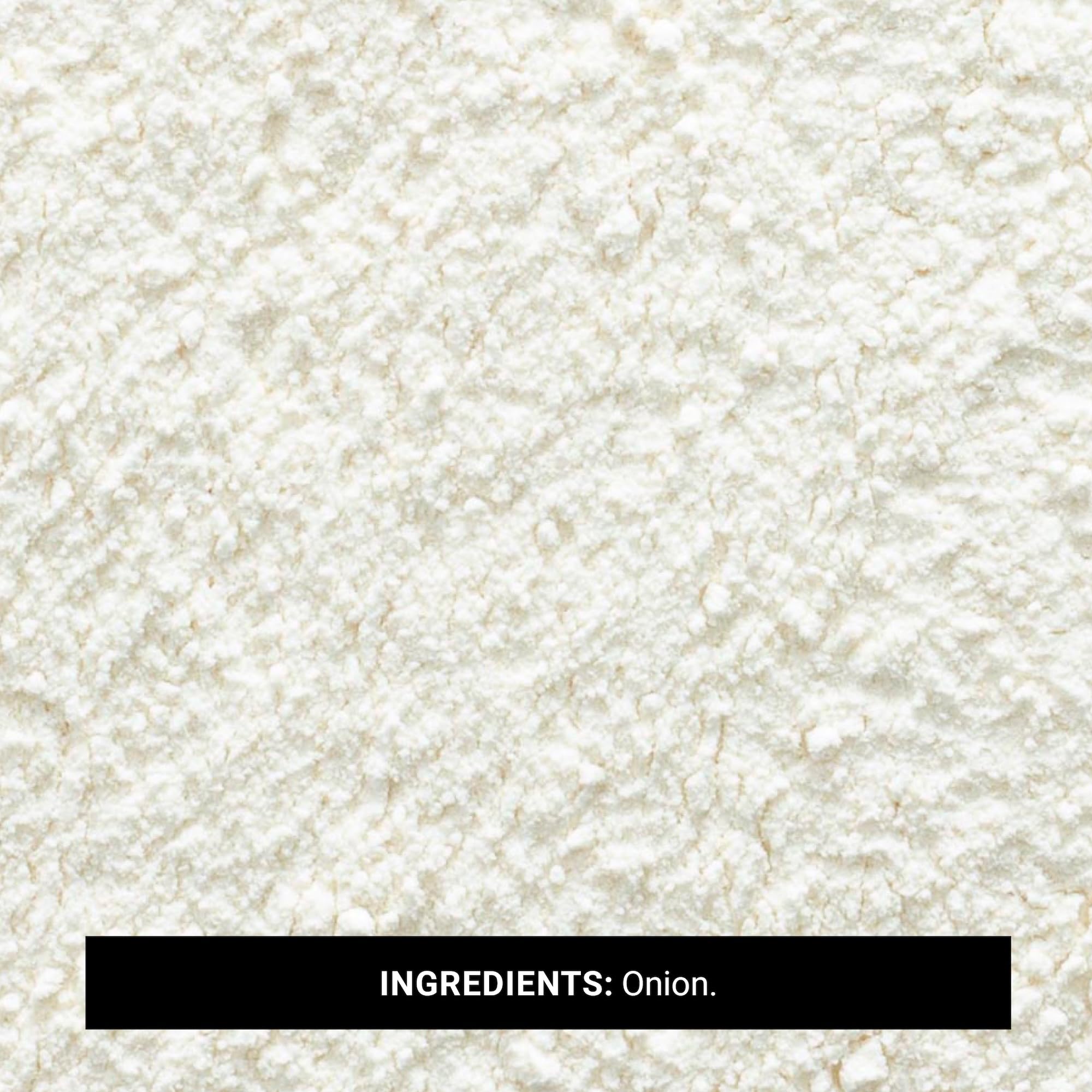 Frontier Co-op close-up texture of white onion powder showing fine grind for even seasoning