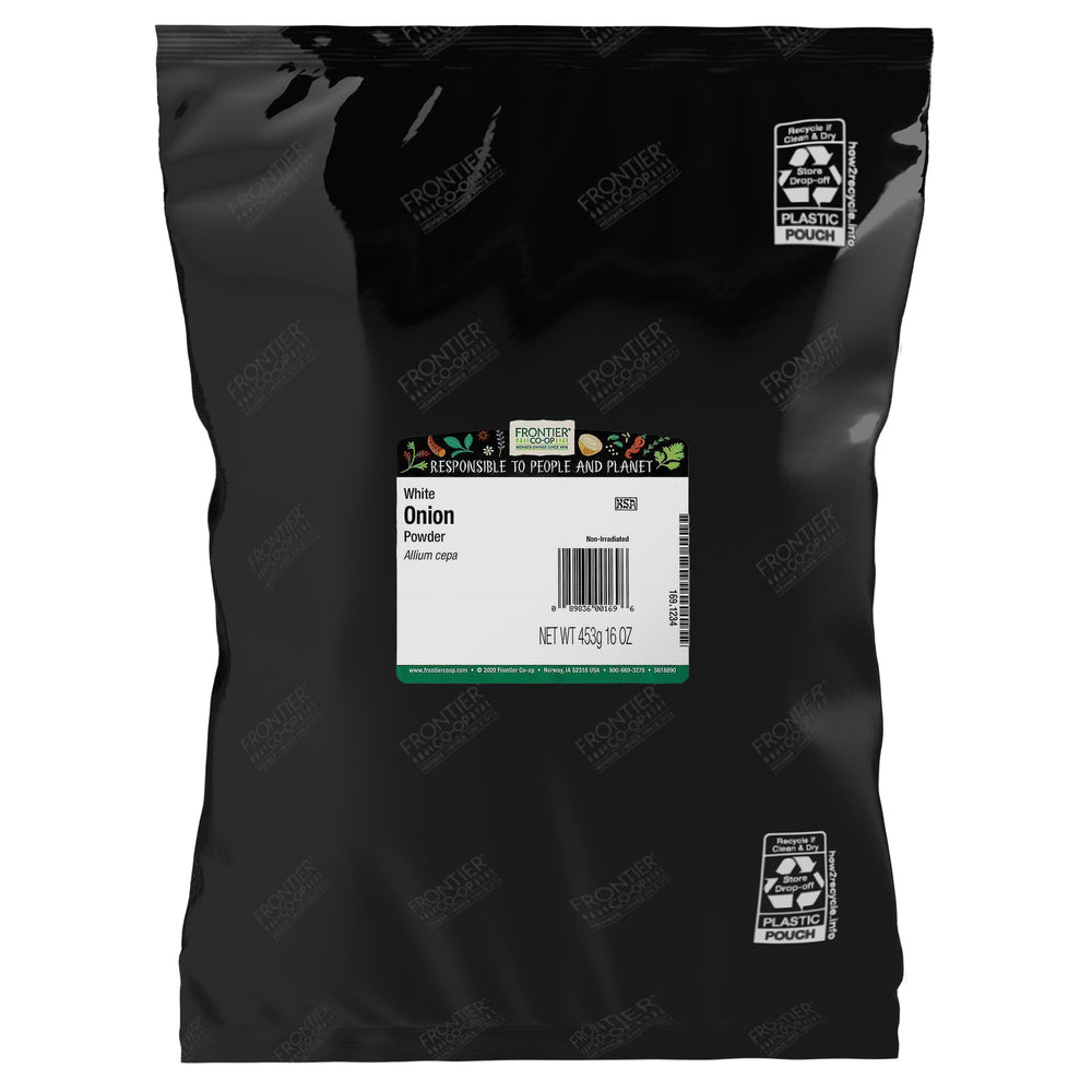 Frontier Co-op front bag showing 1 lb bulk onion powder for pantry convenience