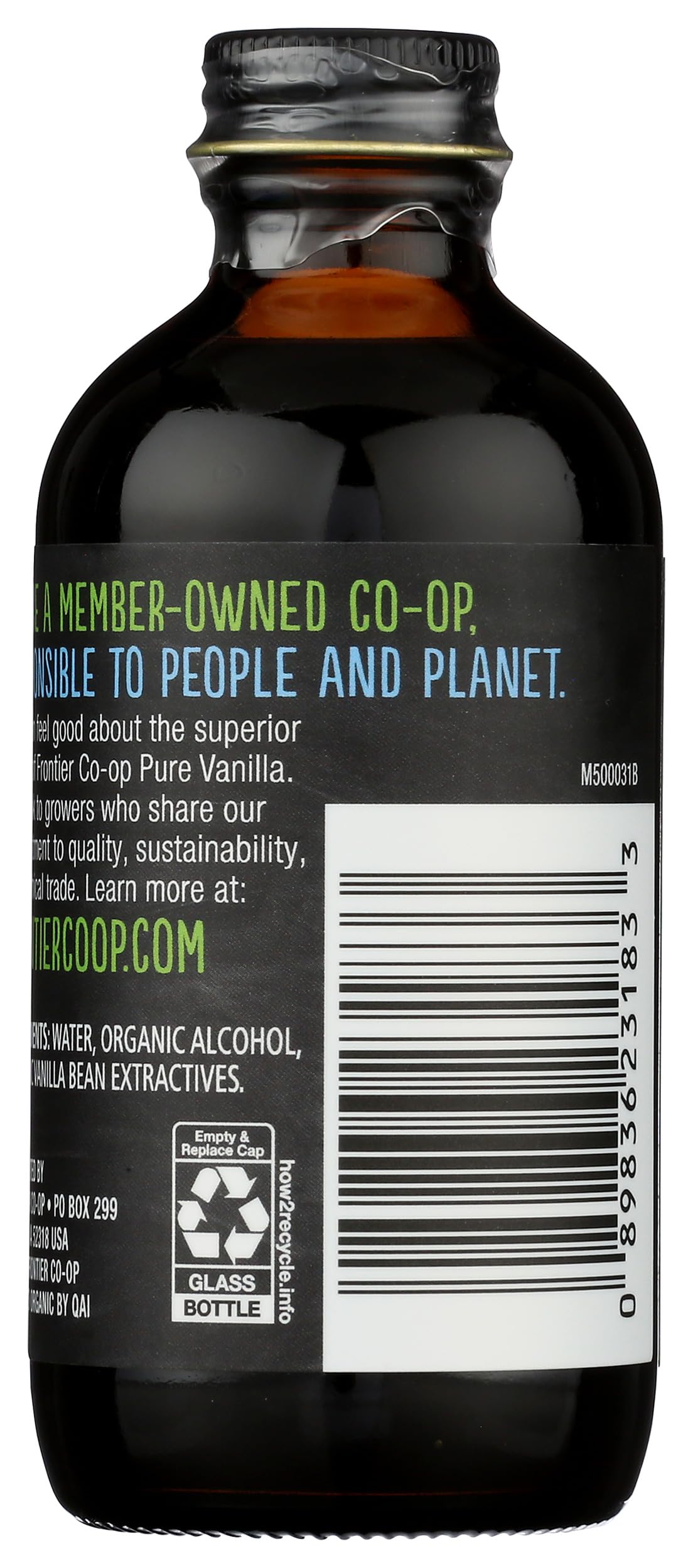 Close-up of Frontier Co-op bottle neck and color showing rich vanilla aroma