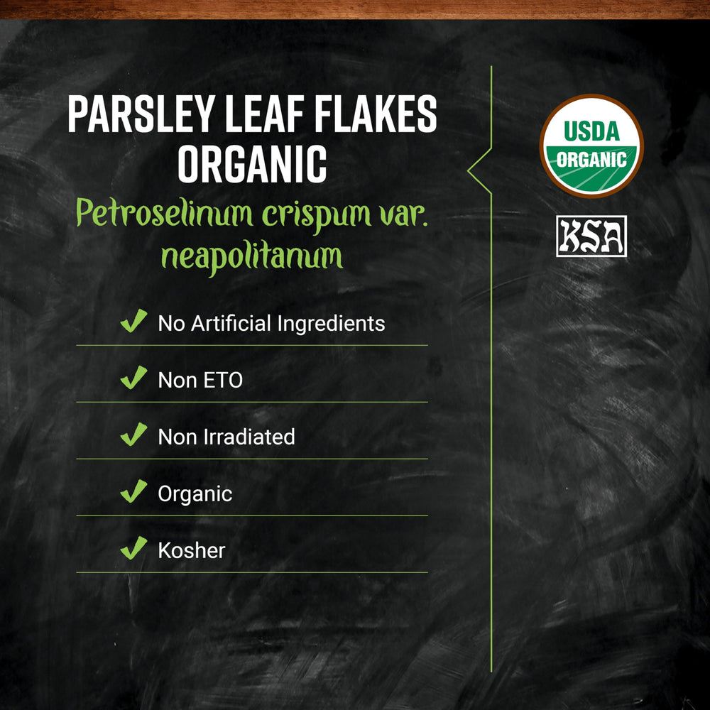 Close-up texture of Frontier Co-op parsley flakes highlighting bright color and flavor