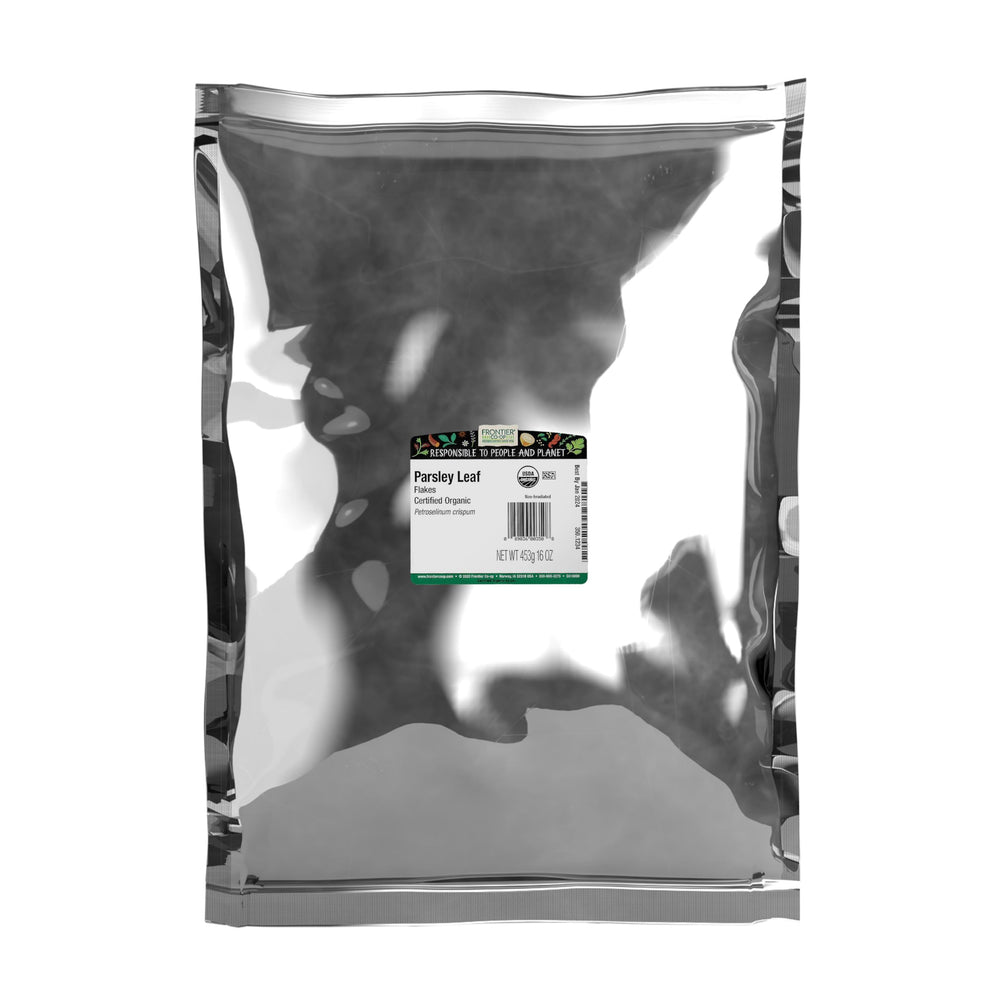 Frontier Co-op front packaging of 1 lb parsley flakes showing brand and bulk size
