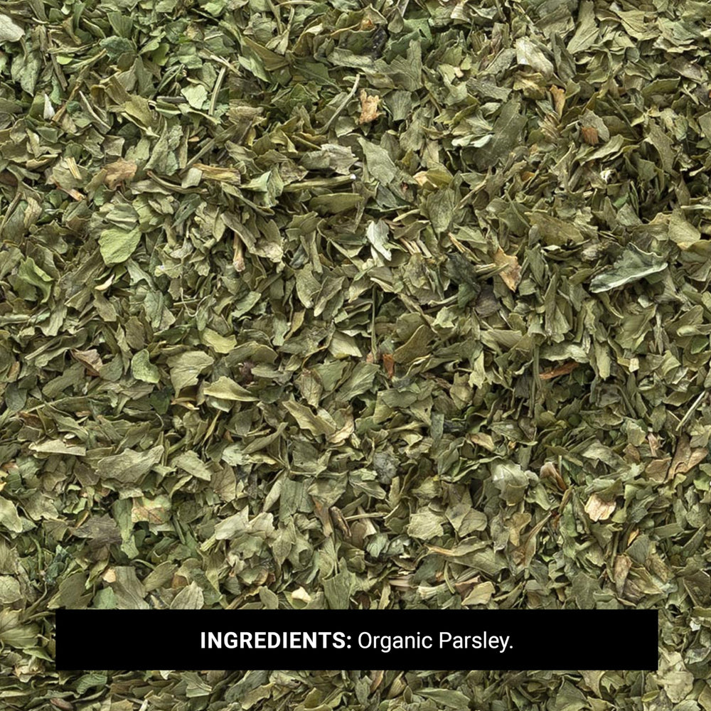 Bowl of rehydrated Frontier Co-op parsley flakes ready for salads and dressings