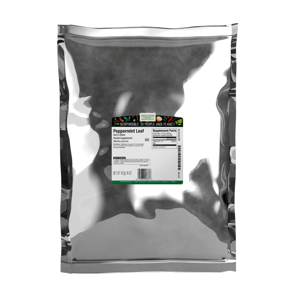 Frontier Co-op front packaging showing 16 oz peppermint leaf, clear labeling benefit
