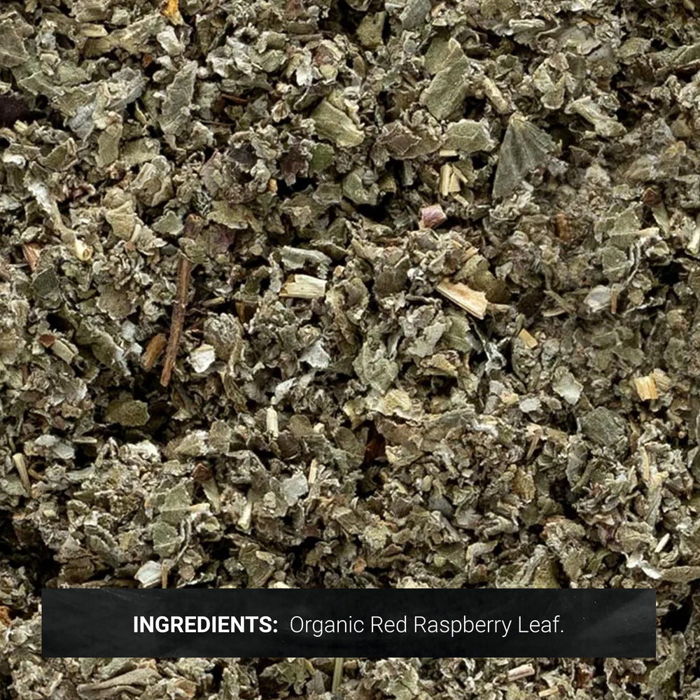 Close-up of Frontier Co-op red raspberry leaves texture and cut for easy steeping