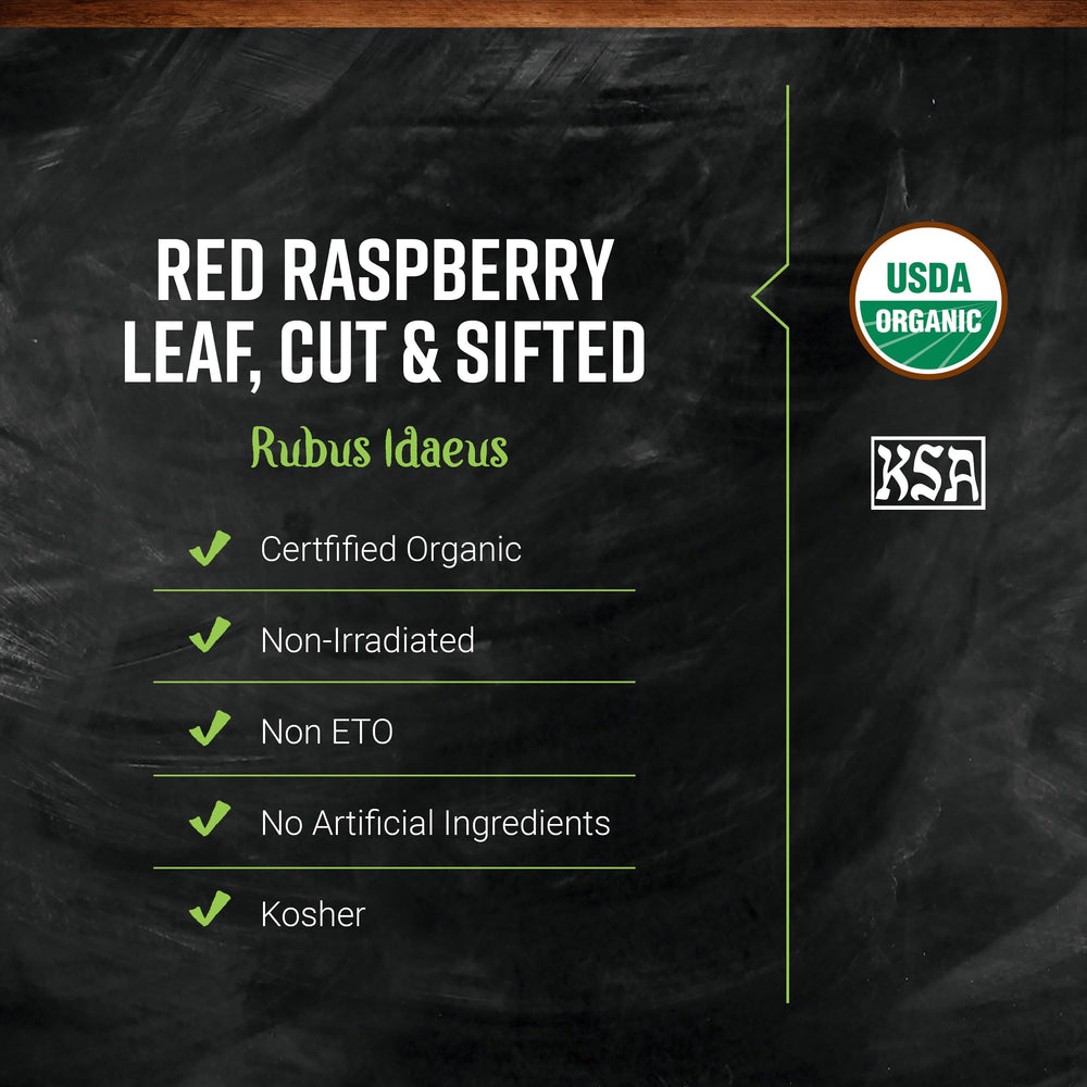 Measuring spoon with Frontier Co-op red raspberry leaves illustrating one-pound supply scale