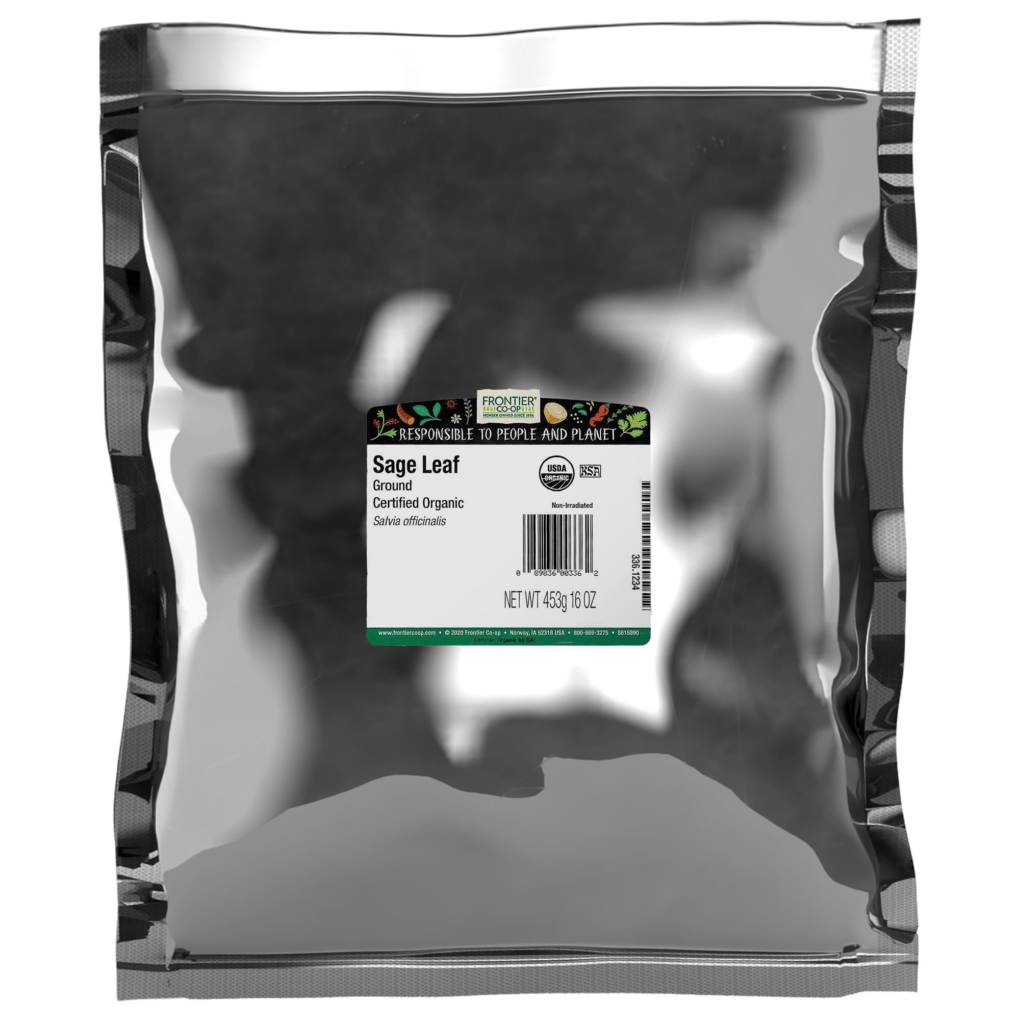 Frontier Co-op bag of ground sage leaf showing packaging and weight benefit