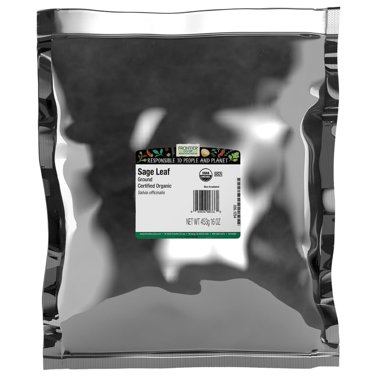Frontier Co-op bag of ground sage leaf showing packaging and weight benefit