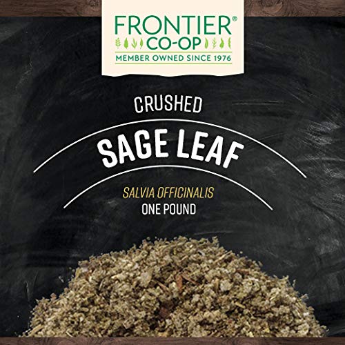 Frontier Co-op sage leaf close-up showing crushed texture and aromatic detail benefit