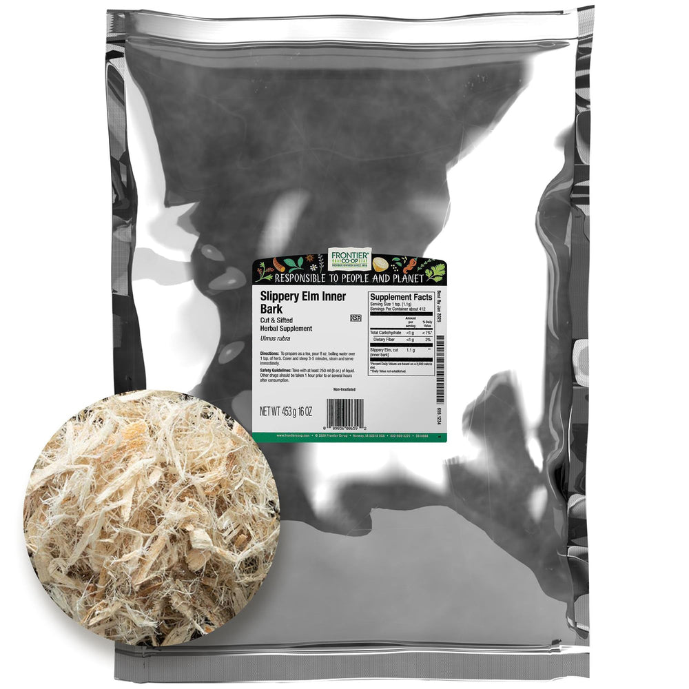 Frontier Co-op front packaging showing 1 lb bulk slippery elm and sustainable benefits