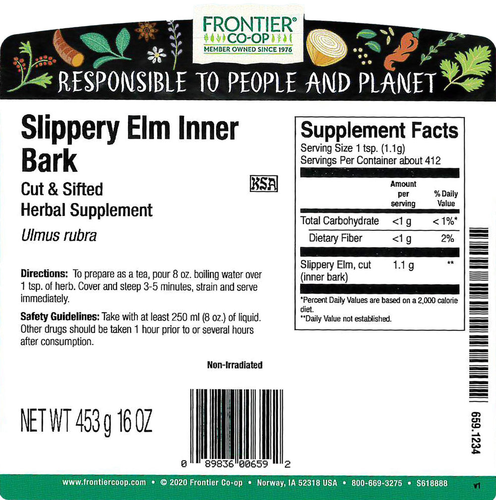 Frontier Co-op slippery elm close-up texture showing fibrous cut-and-sifted bark clarity