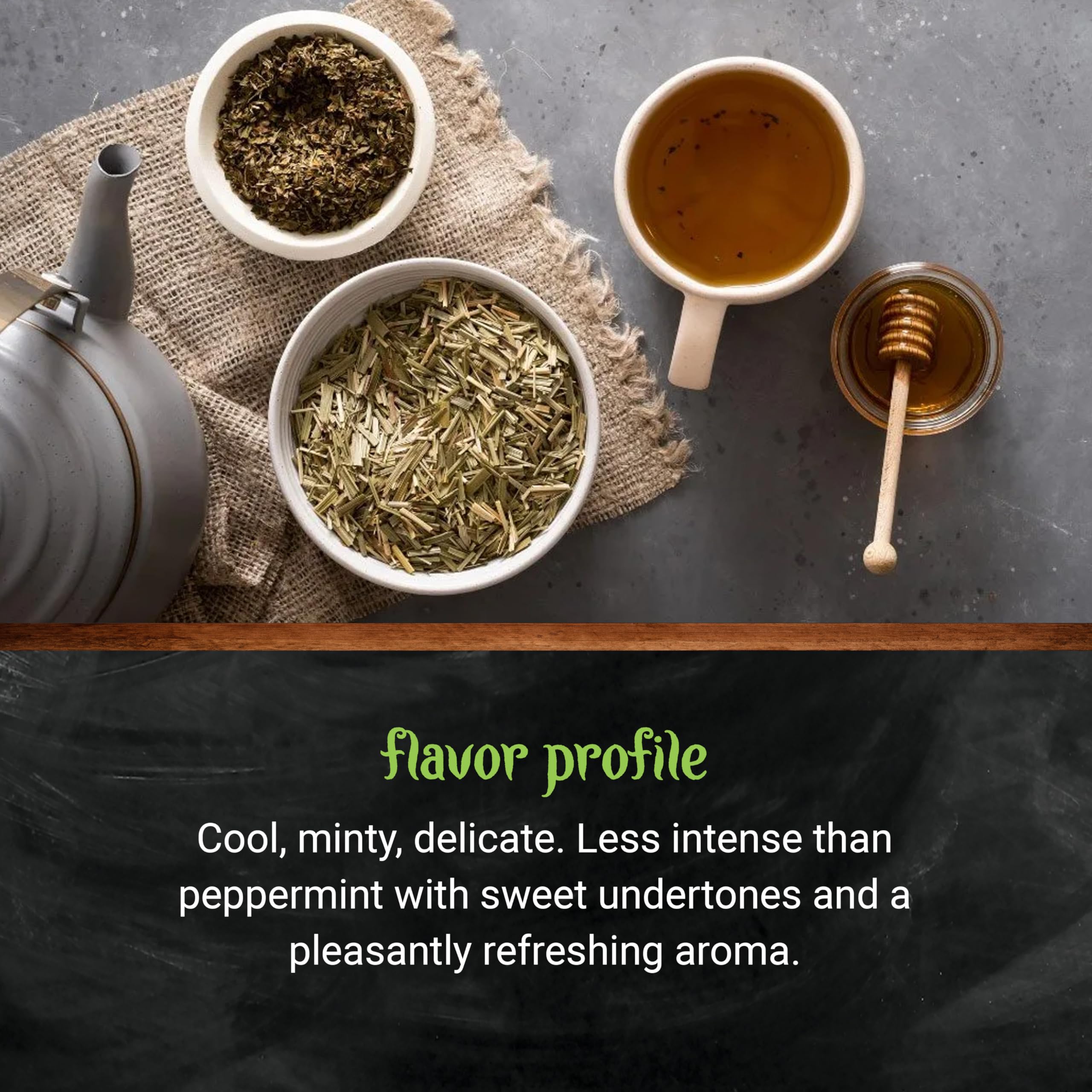 Steeping Frontier Co-op spearmint tea poured into a glass cup for clarity