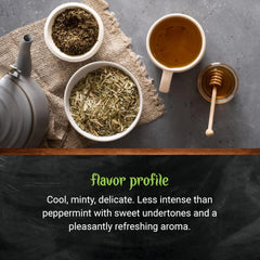 Steeping Frontier Co-op spearmint tea poured into a glass cup for clarity