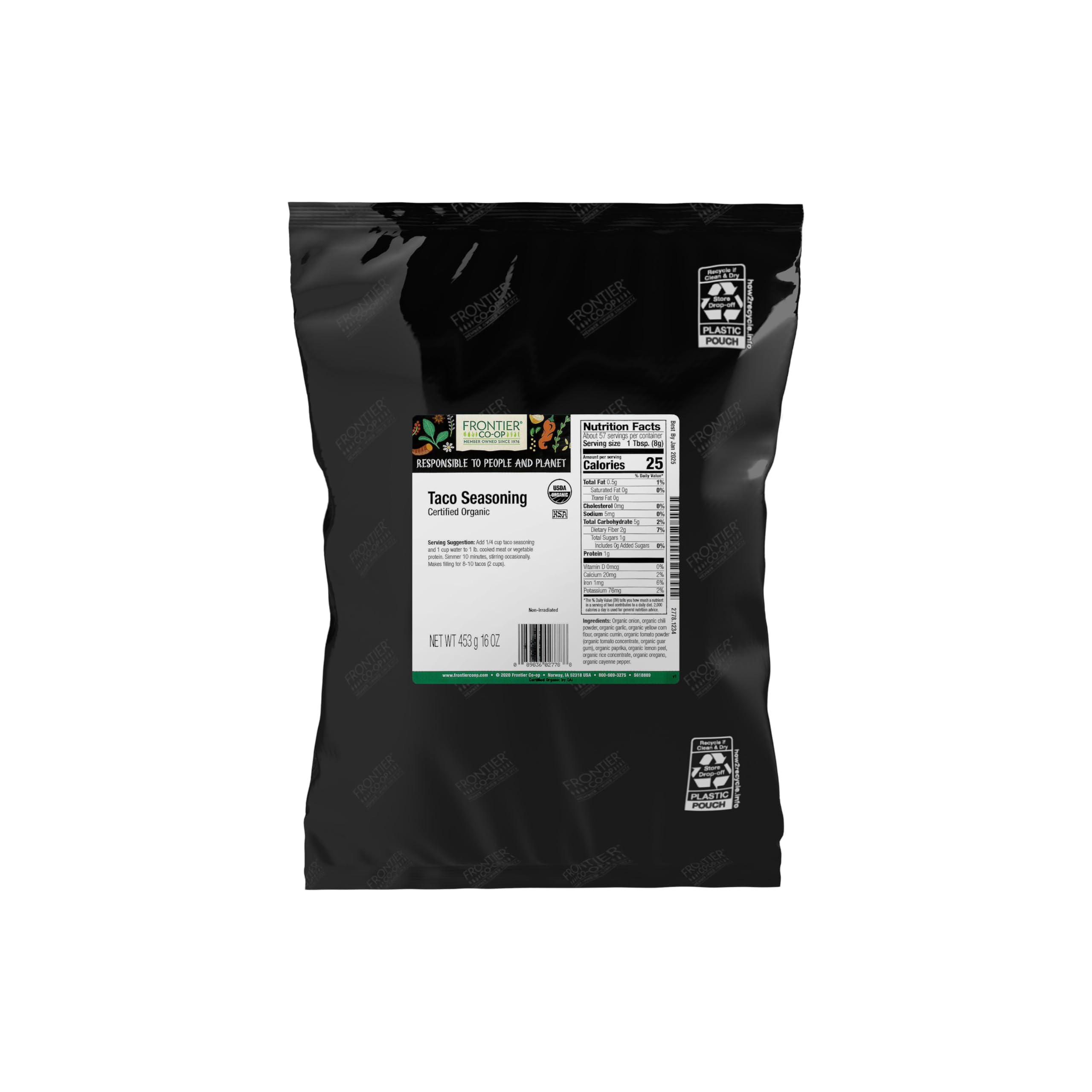 Frontier Co-op front pouch view showing one-pound organic taco seasoning benefit: pantry-ready convenience
