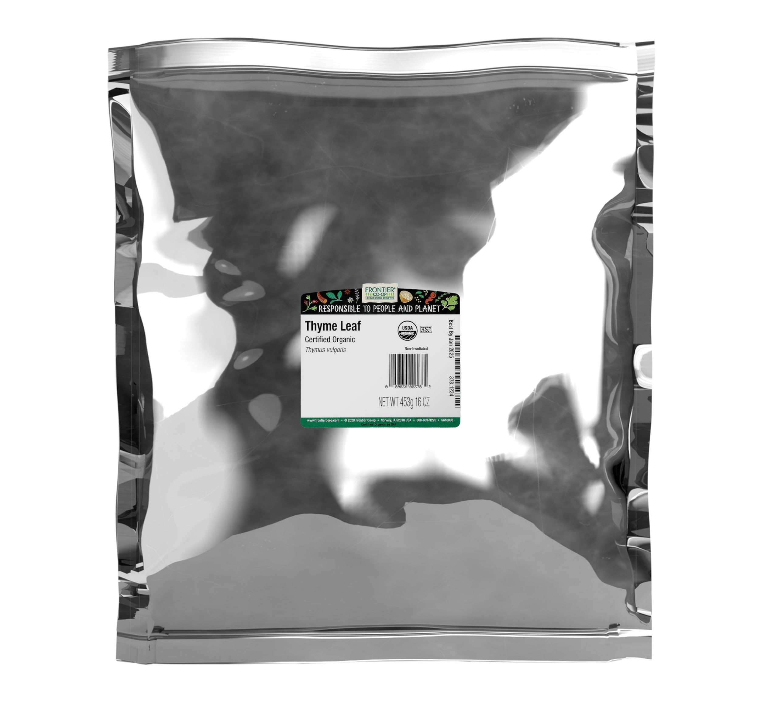 Frontier Co-op thyme front packaging showing organic bulk pouch and label benefit
